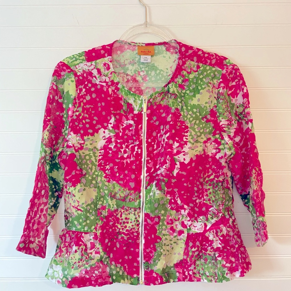Ruby Rd. Pink and Green Floral Gold Zipper Jacket